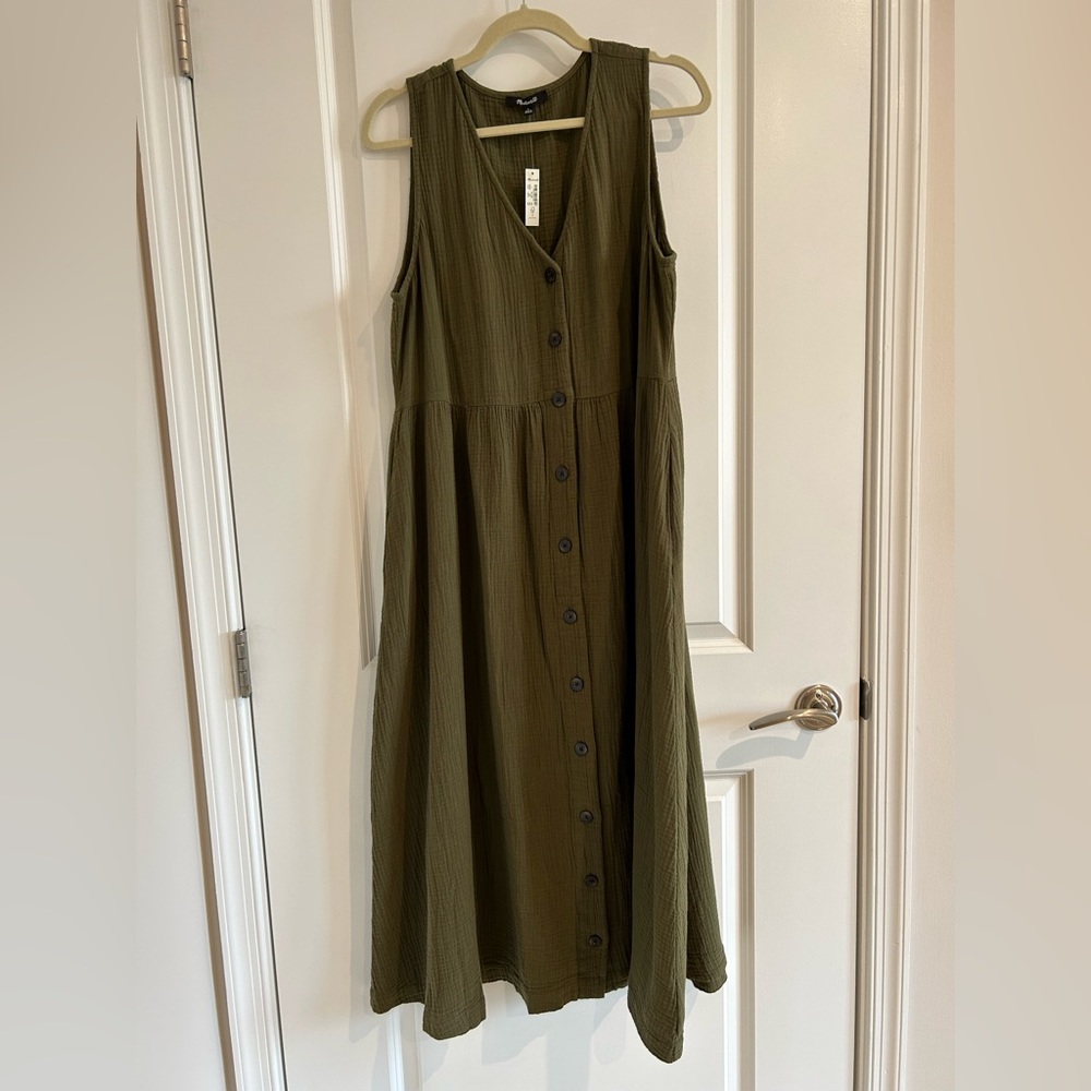 NWT Madewell Lightspun Button-Front Tank Midi dress in Kale, size L